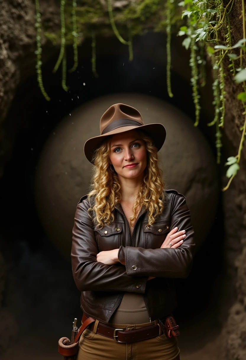 DSC_0101.jpg a photo of suzannahlipscomb, a woman with gold blonde hair. She is wearing the outfit of Indiana Jones, a dark brown leather jacket and a fedora hat and a leather belt. A whip is attached to the belt. She is crossing her arms. She has a proud expression on her face. She is standing in an dark ancient cave, overgrown with green vines that hang from the ceiling. Dust is floating in the air. A huge round boulder ball is rolling at her from behind.