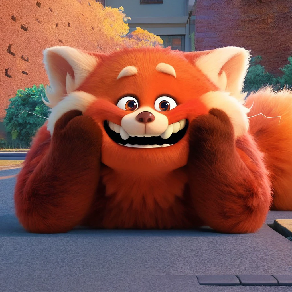 score_9, score_8_up, score_7_up ((best quality, masterpiece, hi res, perfect hands, perfect eyes, perfect skin, perfect foot)), MeiRP_TR, solo, Turning_Red, fluffy tail, giant, brown eyes, looking at viewer, smile, front view, fangs, teeth, open mouth, hands on cheeks, outdoors, laying on stomach