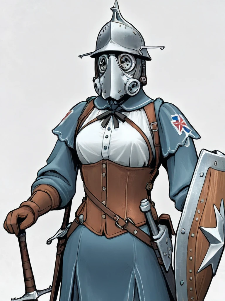 higres illustration,detailed face,1girl,<lora:dieselIL:1>,dieselpunk,silver hair,shield,sword,dress,corset