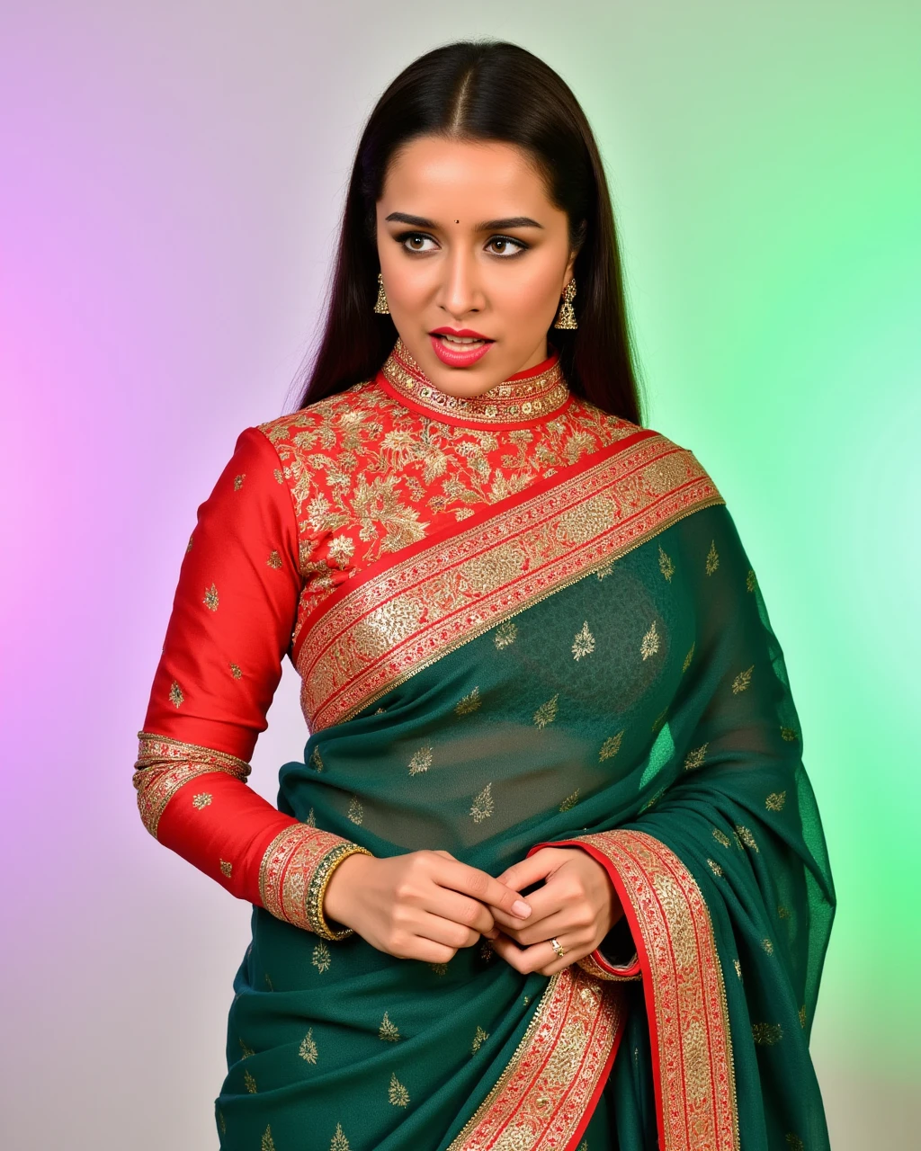 cowboy shot photo of a Shraddha Kapoor woman,candid photo with natural colors, shouting expression on face,studio quality, wearing intricate conservative turtleneck Emerald Dhoti Saree, straight hair, pastel shaded multicolored background, cinematic soft lighting<lora:TestBed\Shraddha_Kapoor_2024_Flux_Kohya_V1.safetensors:1.0:1.0>