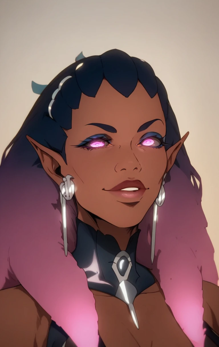 best quality,ultra-detailed,(photorealistic:1.37),(African-American) female,(dark black dreadlocks),(beautiful detailed purple eyes),(dark brown skin),(pointed ears),(slutty assassin),(sexy black armor Bikini),(lust demon),(Sci-fi fantasy),portraits,(vivid colors),(dramatic lighting)