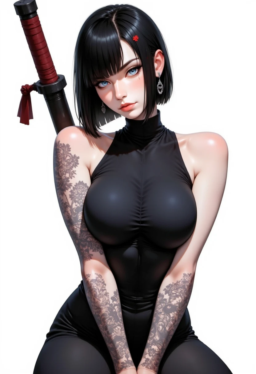 1girl, ((Shigure Kōsaka)), (Kenichi anime Waifu), solo, long hair, ponyTail hair, nude, no bra, big Breasts, big cleavage, perfect erect nipples, looking at viewer, blue background, black hair, simple background, two side up, turtleneck, blue eyes, lips, luring smile, slightly sexually aroused, voyeurism, upper body, black ribbon, mini pink kimono suit, use her katana, white trasparent panties, panties insert in the croch, (perfect cameltoe), twintails, nose, legs, nsfw, seductive pose, purple  transparent latex highg stokings, pervert Kenichi look at her from back.