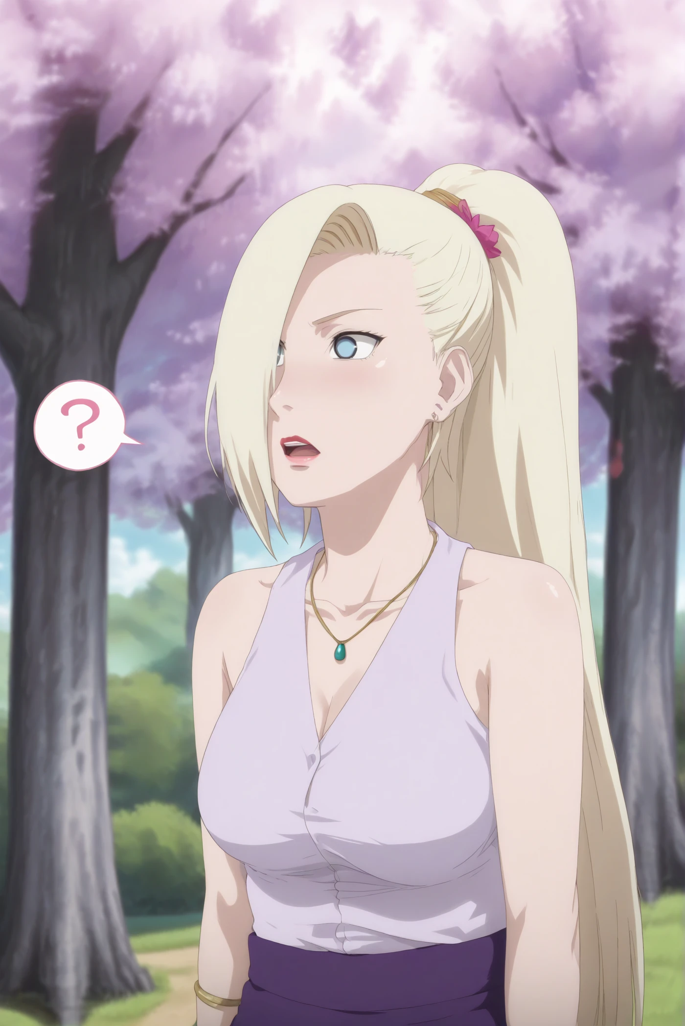 score 9, score 8 up, score 7 up, rating_safe, source anime, intricate details, anime screencap, official style, ino yamanaka, woman, solo, ponytail, hair flower, confused, open mouth, spoken question mark, lipstick, blush, emerald necklace, silver ear ring, purple bracelet, pink shirt, purple apron skirt, shirt tucked in, walking, arm behind back, candid shot, dramatic lighting, tree, cherry blossoms, cloud, sky, seductive, upper body, from behind, bokeh effect, in style of Masashi Kishimoto (anime coloring, anime screencap, Naruto anime style), <lora:ino_yamanaka_pony_rc2-000006:1>,  <lora:Expressive_H-000001:1>, Expressiveh,