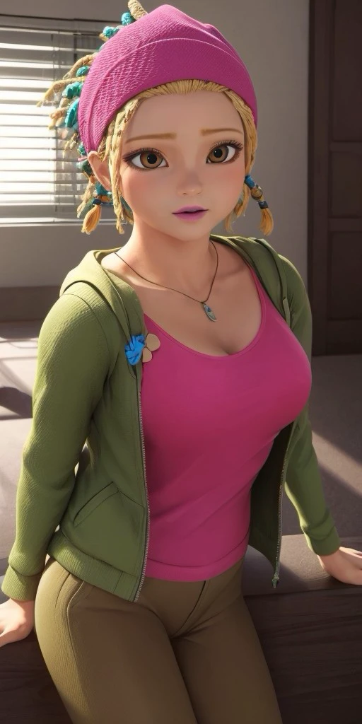 Hyperrealistic, photorealistic, super detailed, pink bandana, brilliant azure T-shirt, green jacket with a hood, moderate tangelo jean shorts, brown leggings, pale magenta lipstick, honey blonde hair styled into colored dreadlocks, pale magenta lipstick, body like in real life, large pores, fair skin, quite short, chubby, beautiful arms, little breasts, unreal engine, octane render, droped shadow, bokeh, cinematic lighting, <lora:add_detail:0.5>, <lora:Volumetric_lighting:0.6>, Mylène Haprèle, , <lora:0a2937d1-de1c-498e-97f5-aa181e43b8bc:0.7>