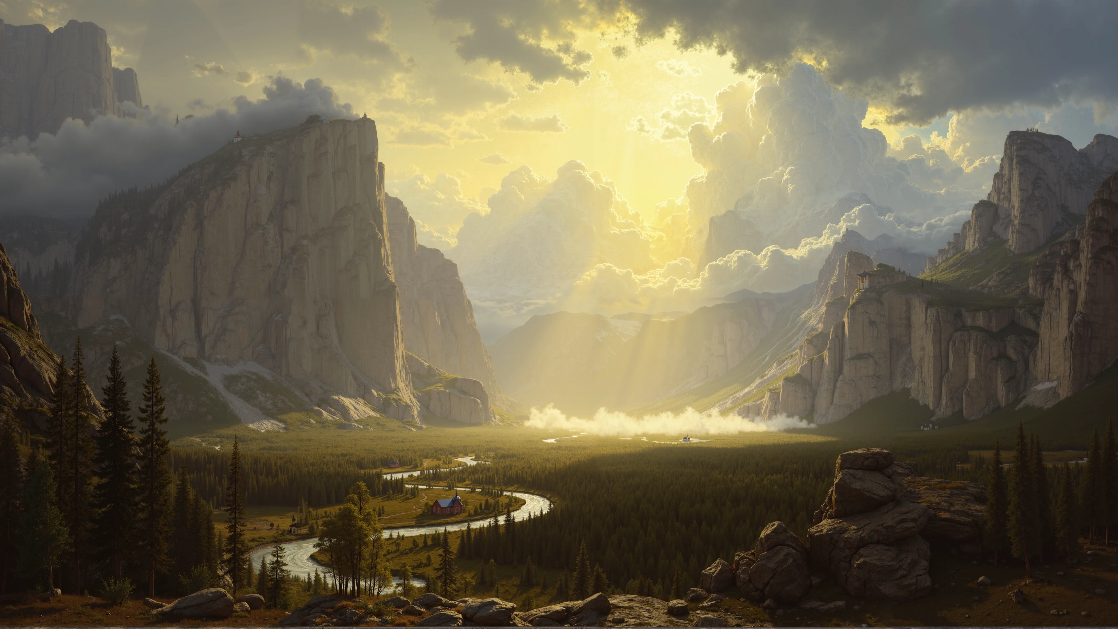 Majestic landscape painting in the style of Albert Bierstadt, dramatic morning Russian wilderness, vast mountain valley with winding river, massive granite cliffs, pine and birch forests, small Orthodox church in distance, golden sunrise breaking through dramatic clouds, volumetric god rays, morning mist in valley, extreme detail, masterful composition, oil painting, photorealistic, 8k, hyperdetailed, golden hour lighting, atmospheric perspective, luminism style, Hudson River School, romantic landscape, epic scale