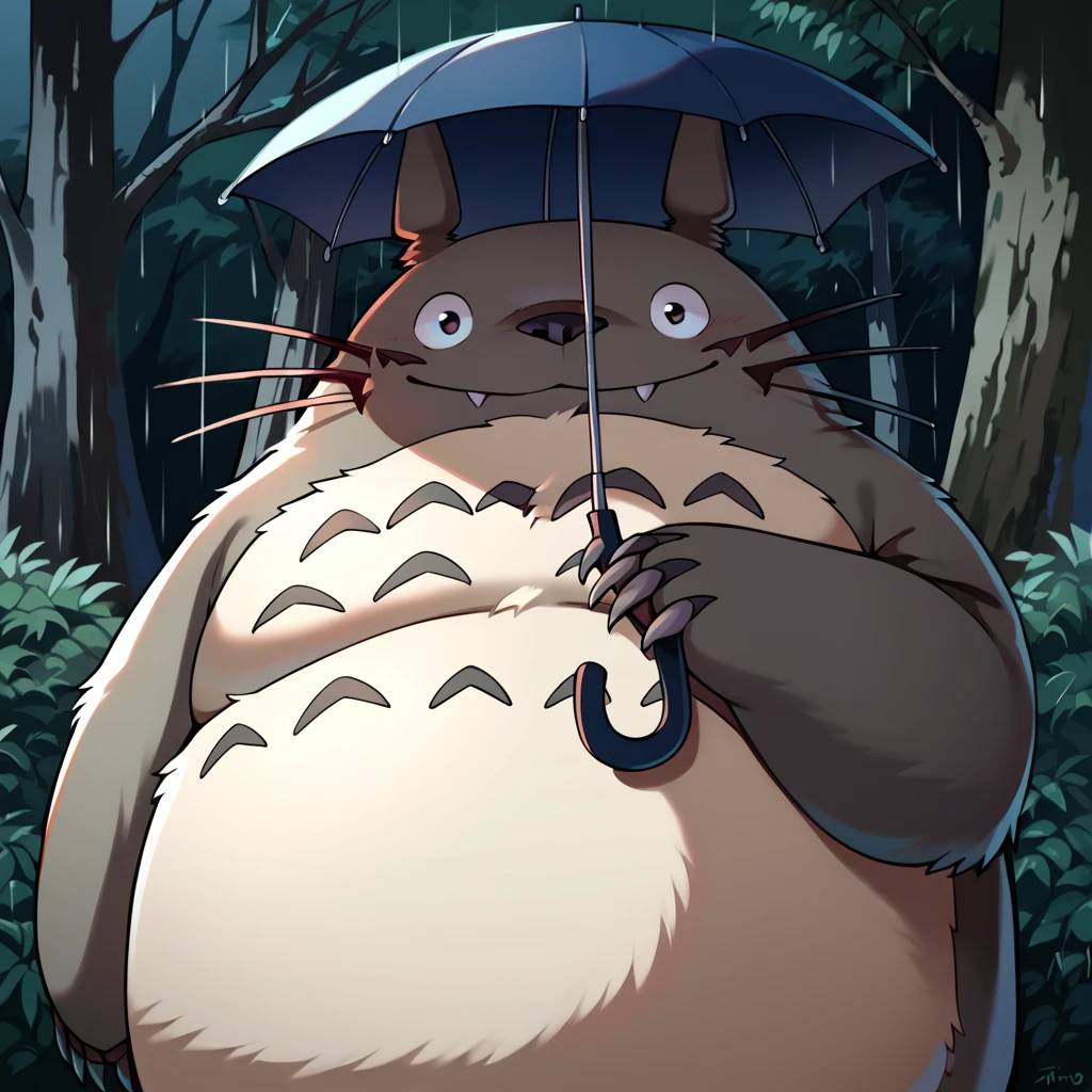 score_9, score_8_up, score_7_up, score_6_up, score_5_up, score_4_up,<lora:Totoro_My_Neighbor_Totoro_V2:1> totoro, studio ghibli, furry, fat, yellow fluffy belly, grey skin, big smile, claws, outside, forest background, forest scenery, raining, night, holding umbrella, looking at viewer, smiling