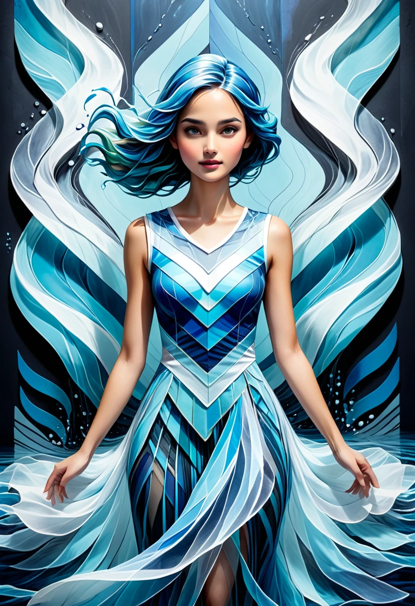 race character concept print, female, Undine, water-like, fluid movement, blue hues, serene, connected to rivers, serene, chalk, tulle, popart style, Symmetrical Layout, triadic colors, chevron pattern, light leaks effect, stitching accents, continuous, embossed texture, transparent finish <lora:artfully_QUILTEDFANTASY:1>,