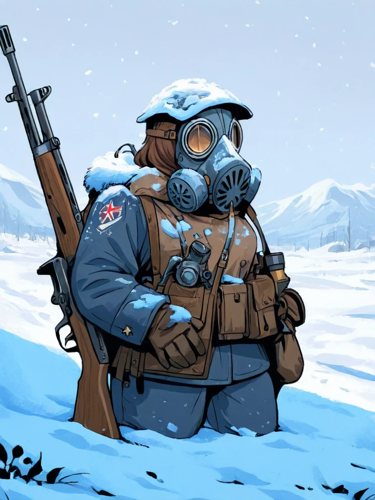 higres illustration,1girl,<lora:dieselIL:1>,dieselpunk,snow,gas mask,rifle,brown hair,