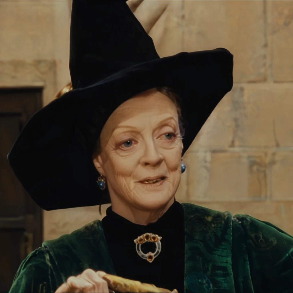 Minerva McGonagall, portrait, solo, single person, 1girl, modern 4K movie screencap, UHD 8K, Maggie Smith, female, solo, Dancing in a tango pose, from above, oriental woman at a masquerade ball, jewelled earrings, necklaces, sequinned robes, wearing an elaborate masquerade dress, directional lighting illuminating her from one side, witch hat, bright sunny exterior,