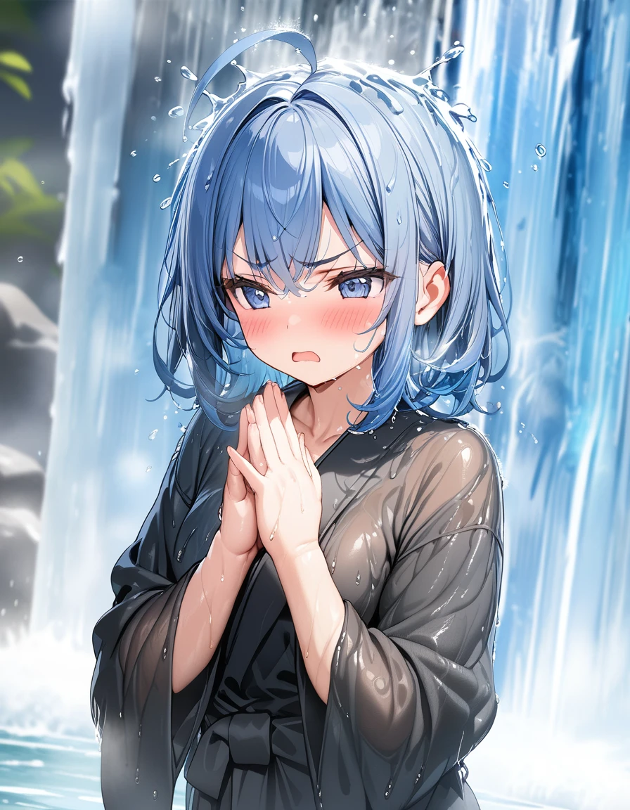 waterfall shower, 1girl, frown, v-shaped eyebrows, blurry, ahoge, blush, open mouth, medium hair, blue hair, own hands together, black kimono, splash of water on the girl's head, girl under waterfall, (masterpiece, best quality, high quality, highres, ultra-detailed, top quality, official art)