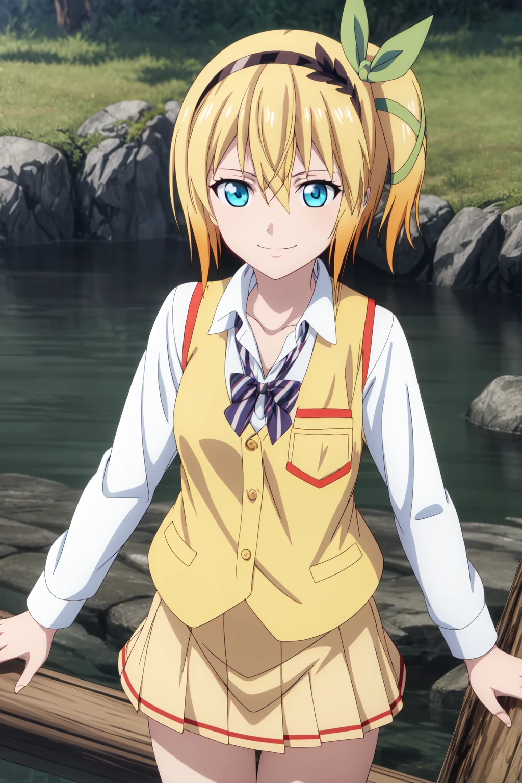 best quality, anime screencap, anime coloring, 1girl, short hair, blue eyes, blonde hair, hair between eyes, hair ribbon, hairband, side ponytail, edna_yulind, skirt, shirt, long sleeves, bow, school uniform, collarbone, white shirt, pleated skirt, striped, collared shirt, red bowtie, dress shirt, white skirt, striped bow, striped bowtie, (yellow vest:1.5), Balancing on a fallen log over a crystal-clear stream, she exudes a sense of adventure and fearlessness, smile, closed mouth