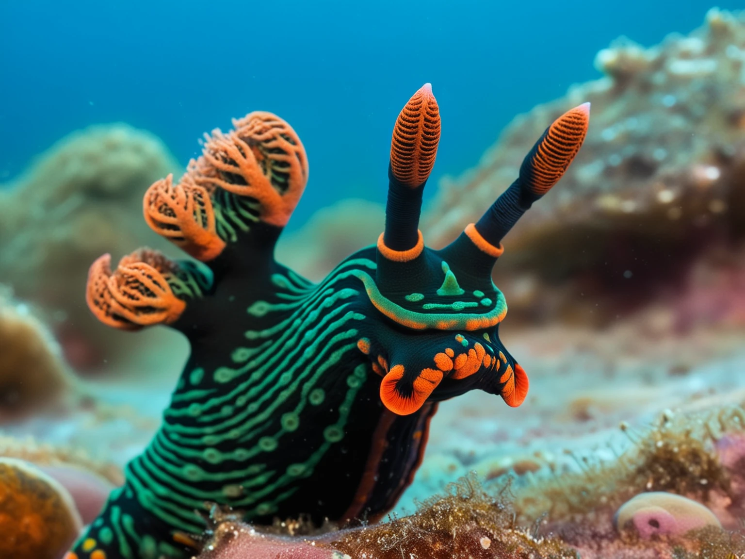 underwater photo from the side of a nembrotha kubaryana, head up, looking at viewer, water surface, light particles, marl, head focus, tunicates
BREAK
intricate detail, vibrant colors