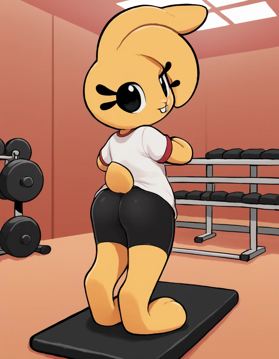 indoors,gym,
Bonita,1girl,solo,animal ears,furry female,body fur,animal nose,black eyes,rabbit girl,yellow fur,rabbit ears,rabbit tail,buck teeth,
full body,seductive smile,
gym shirt,bike shorts,from behind,looking at viewer,
<lora:Bonita_v02_PDXL:1>,