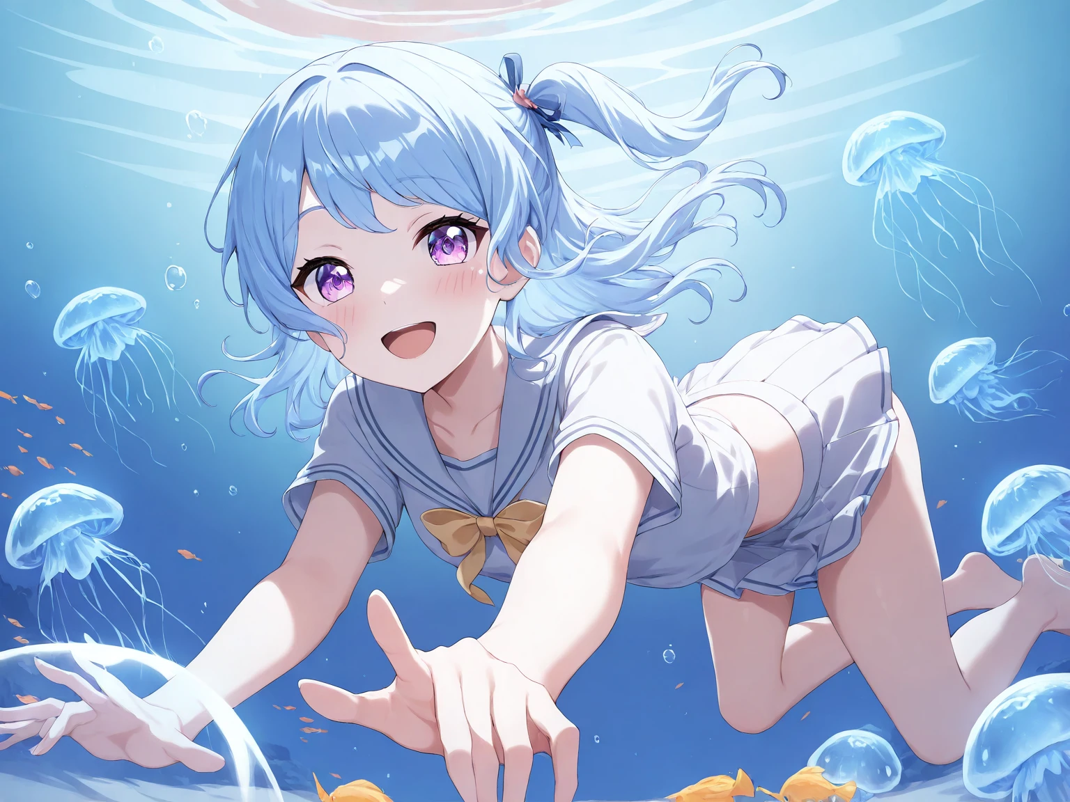 masterpiece,newest,absurdres,best quality,1girl,solo,purple eyes,blue hair,kanon matsubara,ribbon,long hair,one side up,serafuku,looking at viewer,swimming,<lora:KanonMatsubara:0.7>,blush,smile,open mouth,bubble,underwater,jellyfish,fish,