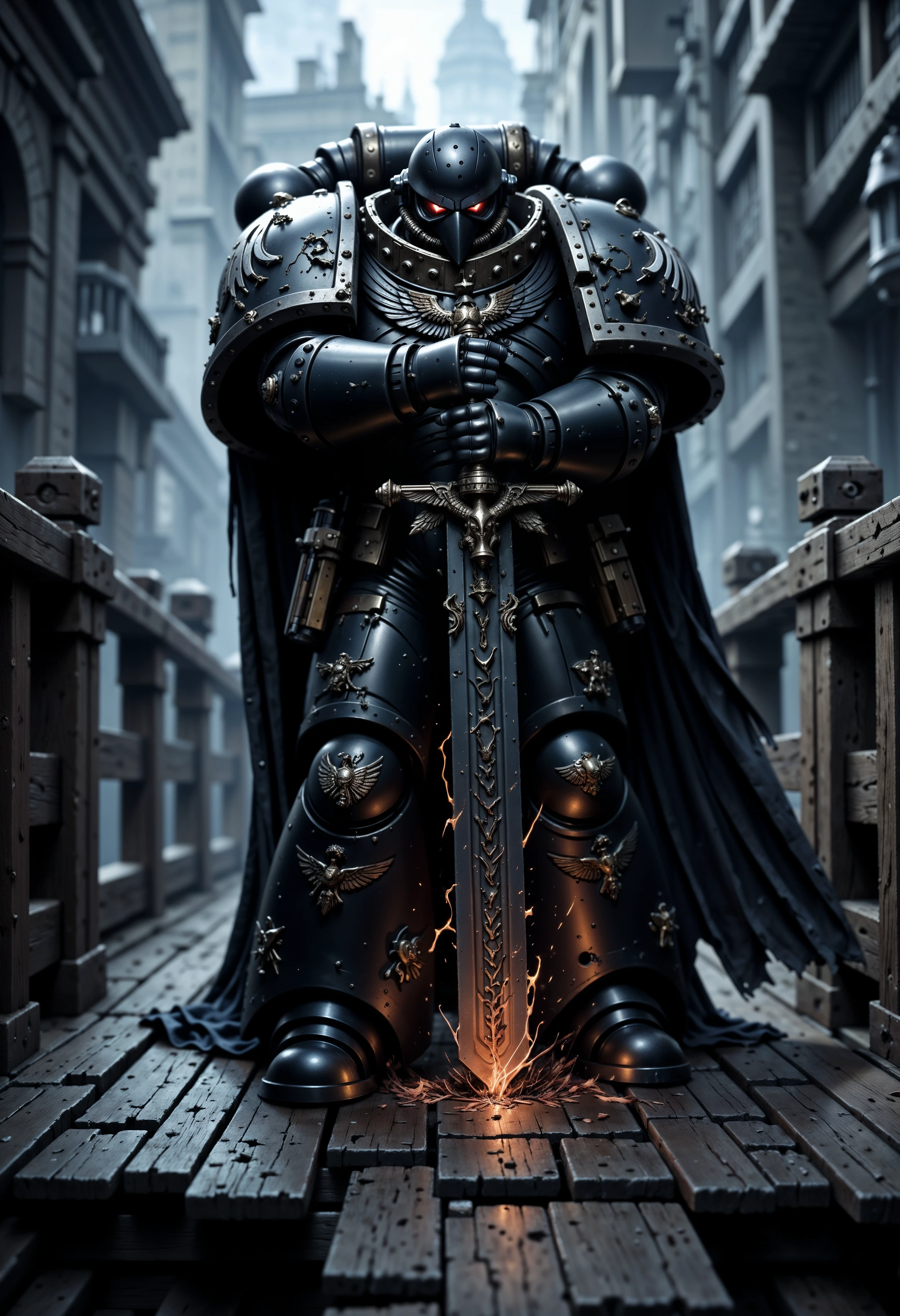 A Powerful RavenG40k space marine, draped in tattered, dark power armor that pulses with a faint, eerie glow, stands on a creaking wooden bridge. He points the tip of a massive, rune-etched sword menacingly at the camera, the blade crackling with dark energy. Shadows swirl around him, and the misty air is thick with tension. red flames flicker within his hollow eyes, reflecting the bridge's warped, splintered planks, over the sword camera view  <lora:FluxRavenG40k:1> <lora:FluxMythP0rtr4itStyle:0.7>