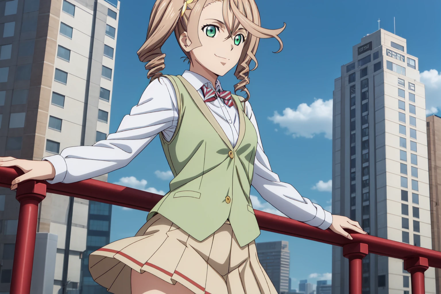 best quality, anime screencap, anime coloring, 1girl, solo, short hair, almond blonde hair, hair ornament, green eyes, side ponytail, drill hair, alisha_diphda, skirt, shirt, long sleeves, bow, school uniform, collarbone, white shirt, pleated skirt, striped, collared shirt, red bowtie, dress shirt, white skirt, striped bow, striped bowtie, (green vest:1.3), mature women, Balancing on a tightrope strung between towering skyscrapers, she defies gravity with poise and confidence, light smile, closed mouth