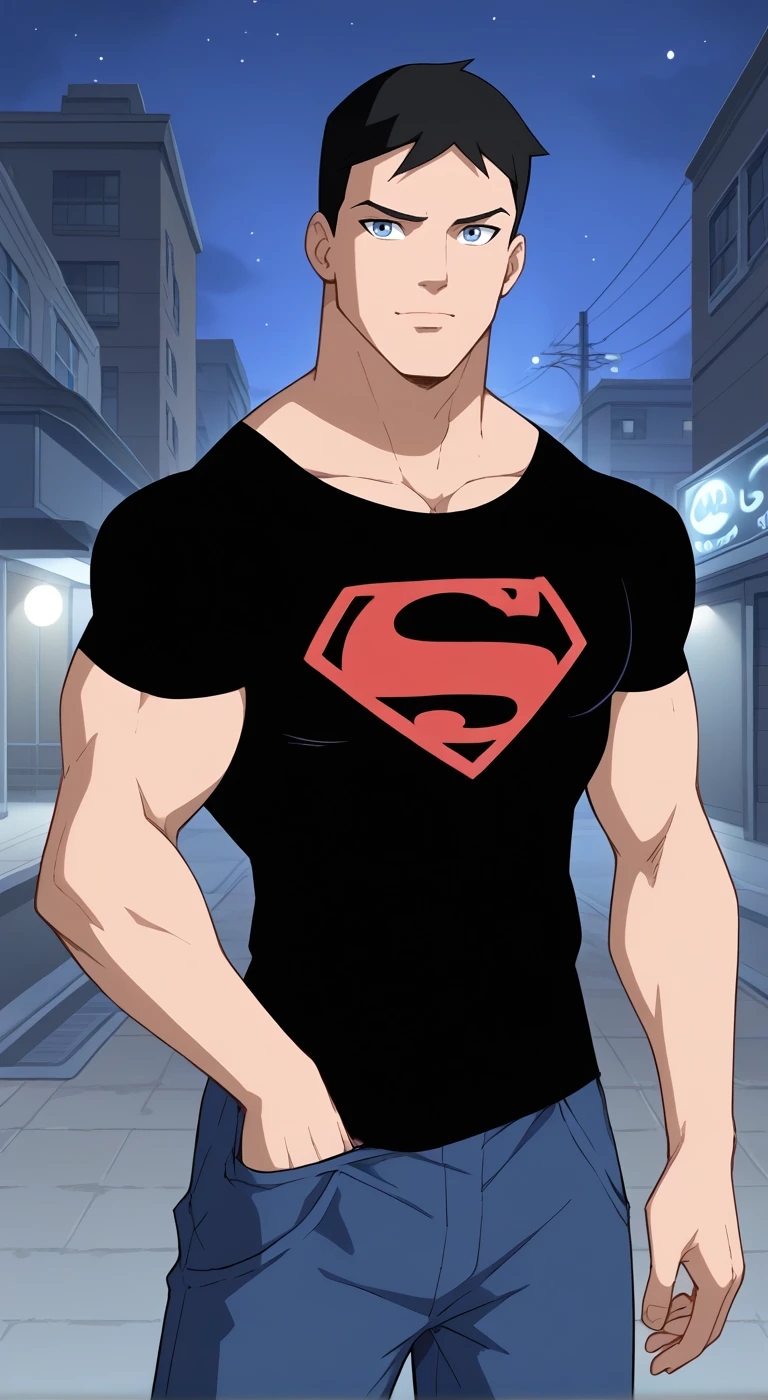 1boy,solo,male focus,superboy young justice,black hair,blue eyes,muscular,black shirt,pants,night,street