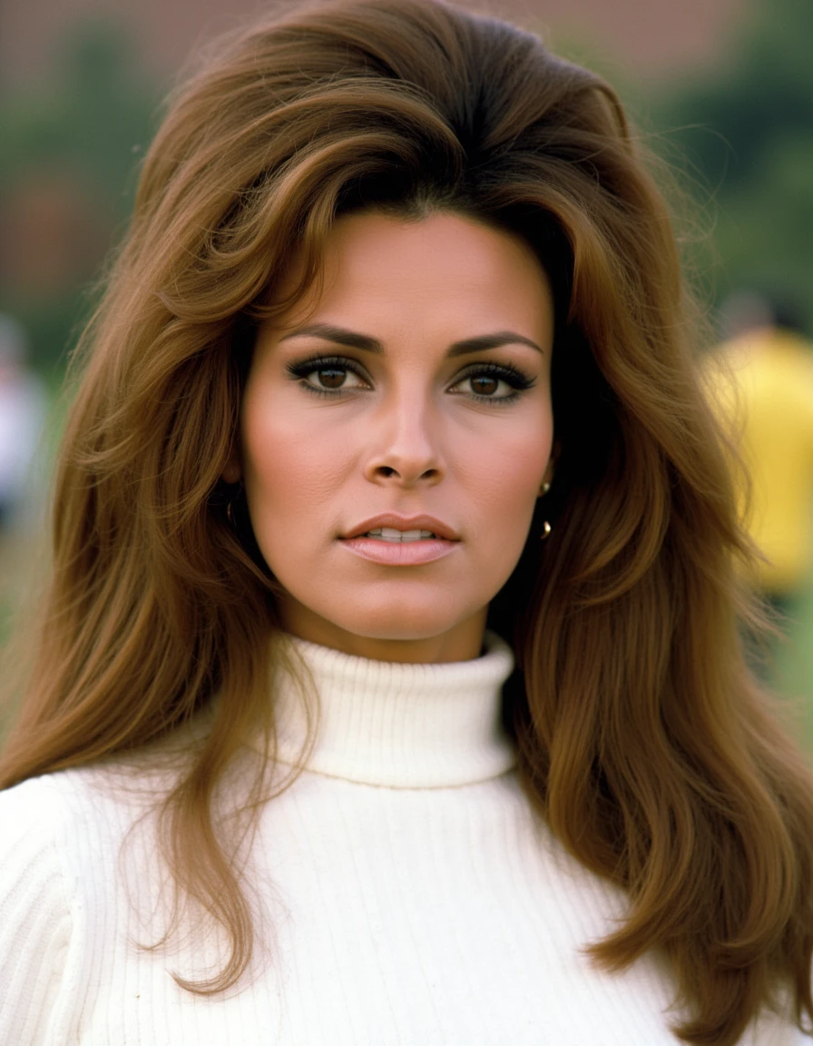 The image is a tight close up color photograph of a woman <lora:OurRaquel-000010:1.0> with a vintage, 1970s aesthetic. The subject is a woman with long, voluminous, chestnut-brown hair styled in a high-volume, slightly teased look, reminiscent of the Farrah Fawcett hairstyle popular in the 1970s. She has a fair to light olive skin tone and is wearing a high-neck, ribbed, white turtleneck sweater.