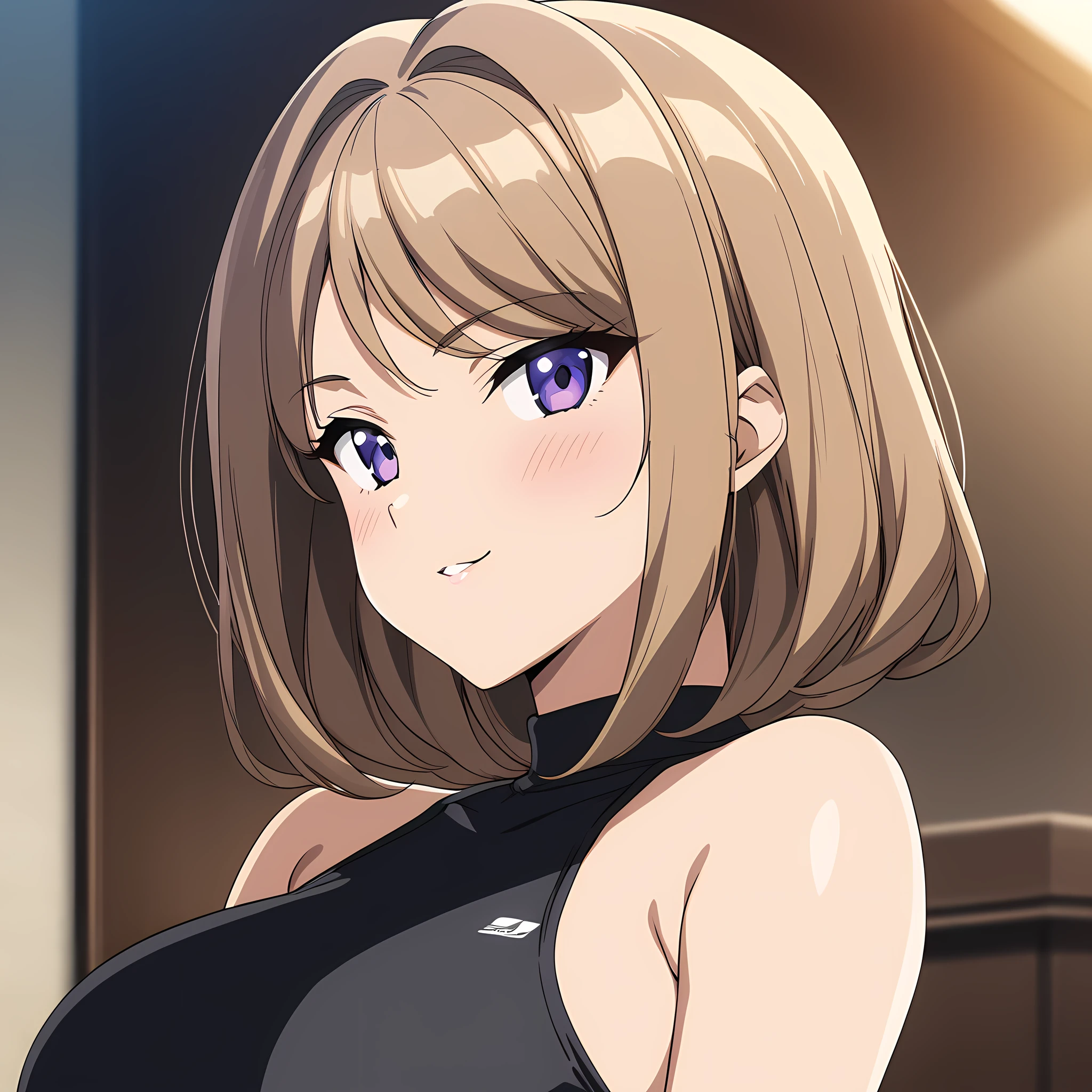 suminoe_shion, light brown hair, purple eyes, large breasts, bangs, black shirt, black sportswear, bare shoulder, knee guard, fingerless gloves, seductive smile, standing, from the front, upper body view, portrait, anime coloring, ootomo takuji artstyle, <lora:XL-SuminoeShion:1>, (masterpiece),(best quality),(ultra-detailed),(best illustration),(best shadow),(absurdres),(detailed background),(very aesthetic),