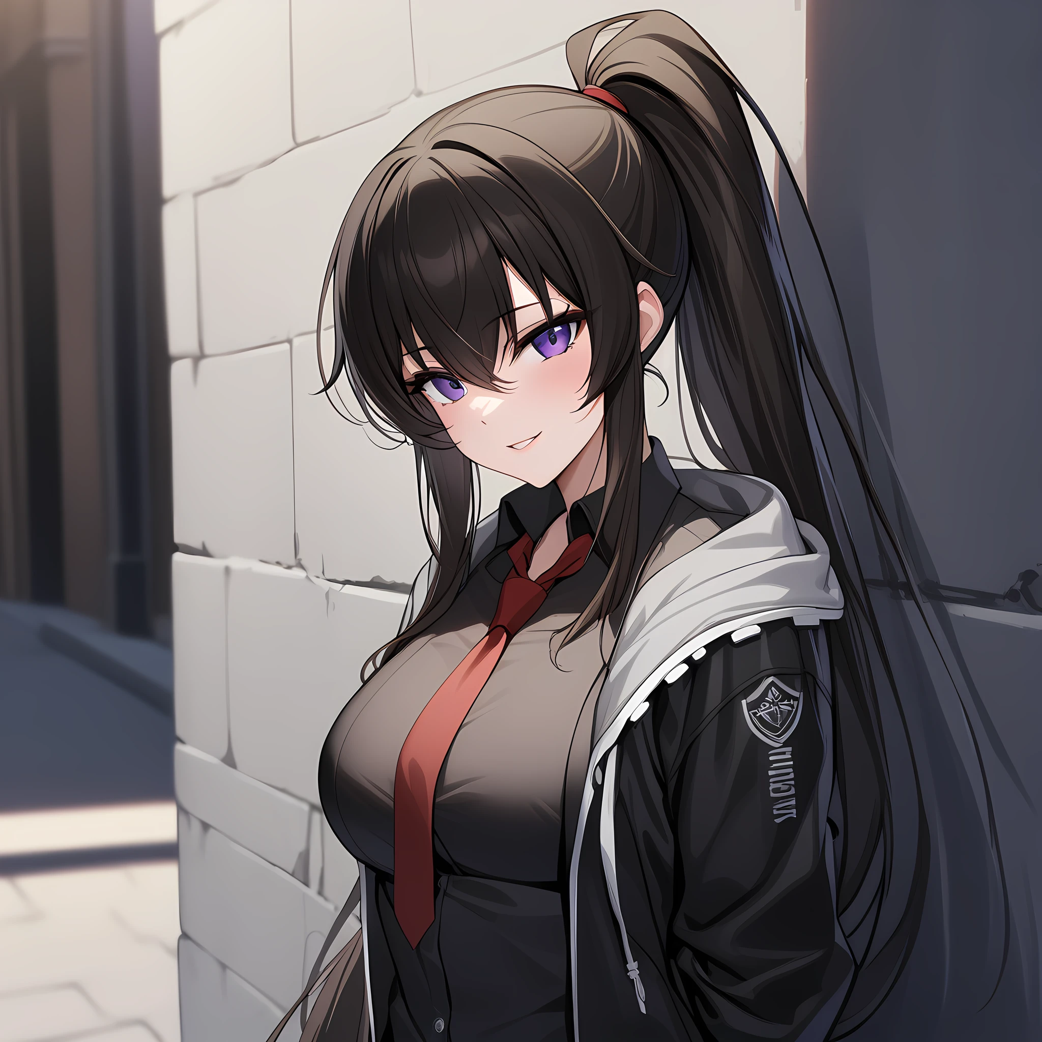 yoo_mina, 1girl, solo, long hair, purple eyes, gloves, necktie, black gloves, ponytail, skirt, jacket, shirt, portrait, close up, upper body, very long hair, black jacket, open clothes, black shirt, black footwear, leaning on the wall, dark alleyway background, looking at viewer, hands behind back, seductive smile, parted lips, <lora:Yoo_Mina:1>, (masterpiece),(best quality),(ultra-detailed),(best illustration),(best shadow),(absurdres),(detailed background),(very aesthetic),