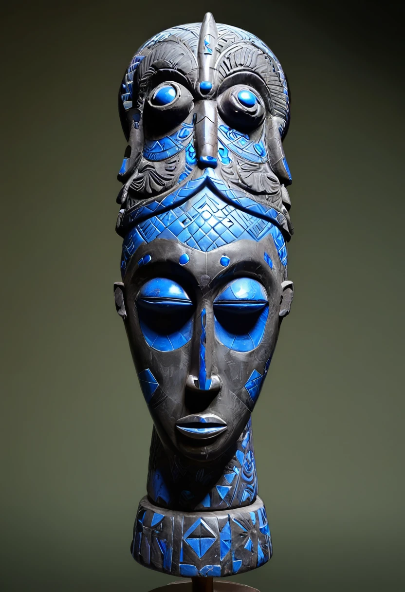 image of large statue with many heads and body designs standing on pedestal, holding a shield with animals around it, in gray background next to white walls behind area from window above is blue, ,,<lora:Tribal_Mask:0.85>, Tribal_Mask, tribal, mask, glossy paper, iso150,  35mm, score_9, score_8_up, score_7_up, close up, indonesian batik, tent skin, cultural clothing, windswept hair, facing viewer, detailed ornaments, ((light asian skin)), very detailed big eyes, intricate details, <lora:Hyperrealism style v3:0.5>, Hyperrealism style, 3d, concept-art, dreaminess, psychedelic, surreal, vibrant, shallow-depth-of-field, contemporary, soft bokeh, futuristic, other-worldliness, Unreal, real-time 3D, Epic Games style, Unreal Engine style, 3d-rendering,100% ControlNet OpenPose