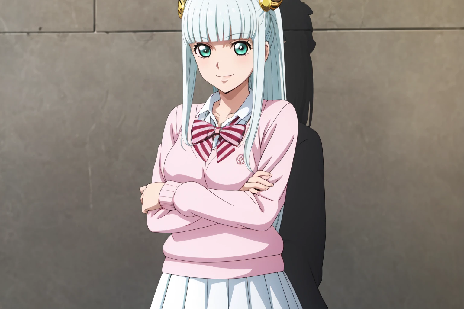 best quality, anime screencap, anime coloring, 1girl, solo, long hair, bangs, hair ornament, green eyes, ponytail, silver hair, sidelocks, blunt bangs, lailah_fethmus, skirt, shirt, long sleeves, bow, school uniform, collarbone, white shirt, pleated skirt, striped, collared shirt, red bowtie, dress shirt, white skirt, striped bow, striped bowtie, (pink sweater:1.3), smile, closed mouth, stands with arms crossed, leaning against a wall with a confident and sexy demeanor