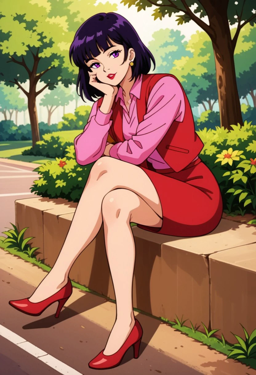 retro artstyle, solo, score_9,score_8_up,score_7_up,score_6_up,score_5_up,score_4_up, 1girl, female focus, mskas_vi0l3t, source_anime, 1990s \(style\), anime coloring, full body, sitting, crossed legs, park, day, trees, foliage, road,  arm rest,  hand on own cheek, medium hair, black hair, blunt bangs, purple eyes, red lipstick, red high heels, pink shirt, red skirt, pencil skirt, red vest, purple stud earrings, looking at viewer, parted lips, day, shoe dangle,