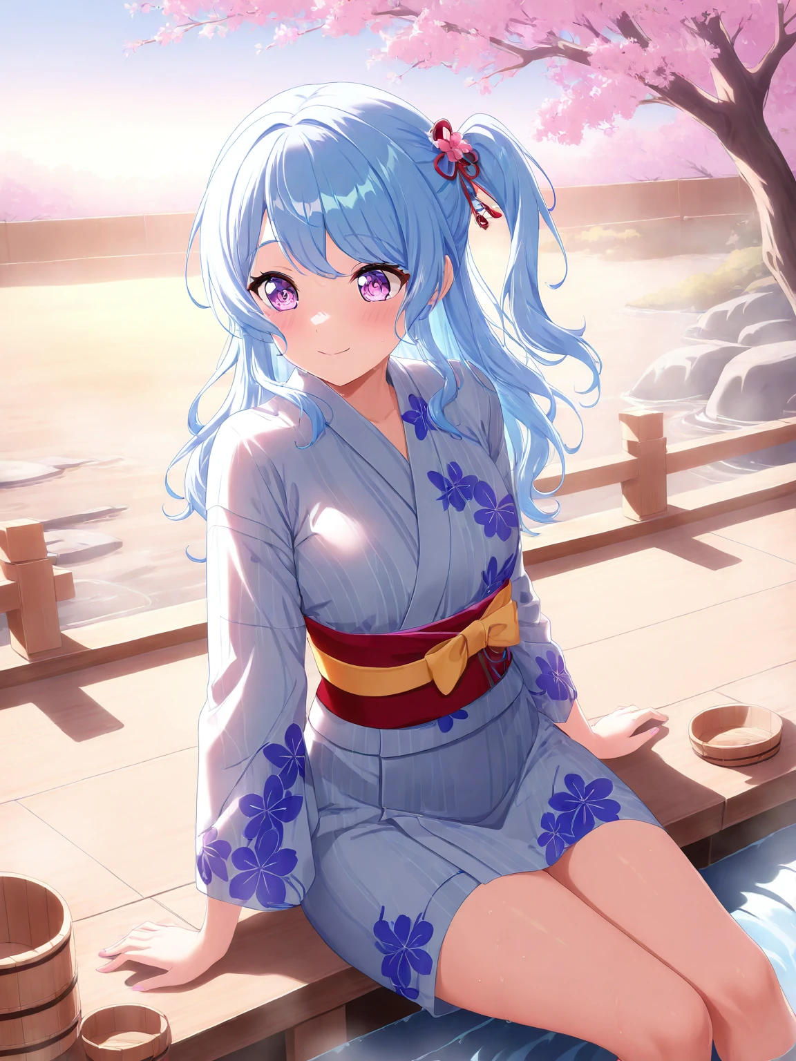 masterpiece,newest,absurdres,best quality,1girl,solo,purple eyes,blue hair,kanon matsubara,ribbon,long hair,one side up,yukata,sitting,<lora:KanonMatsubara:0.7>,cherry blossoms,onsen,