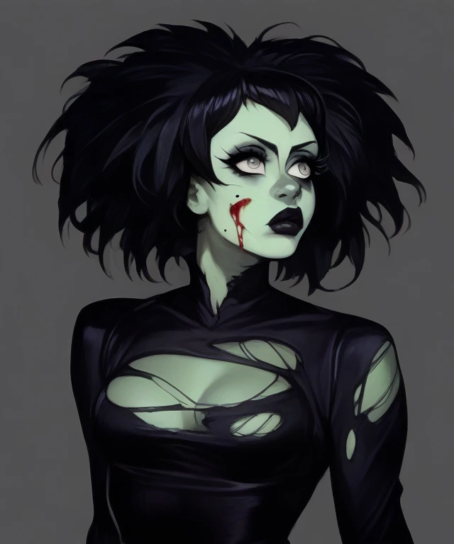 score_9, score_8_up, score_7_up, score_6_up, score_5_up, solo, female, undead, zombie, green skin, black hair, grey eyes, fully clothed, breasts, black dress, torn clothing, eyelashes, eyeliner, mole, black lips, goth, pale, blood, looking away, standing, forest, detailed, colored, portrait, grey background <lora:Trad_Goth_test:1.5> <lora:[GP] somethingweird [Pony XL]:1>