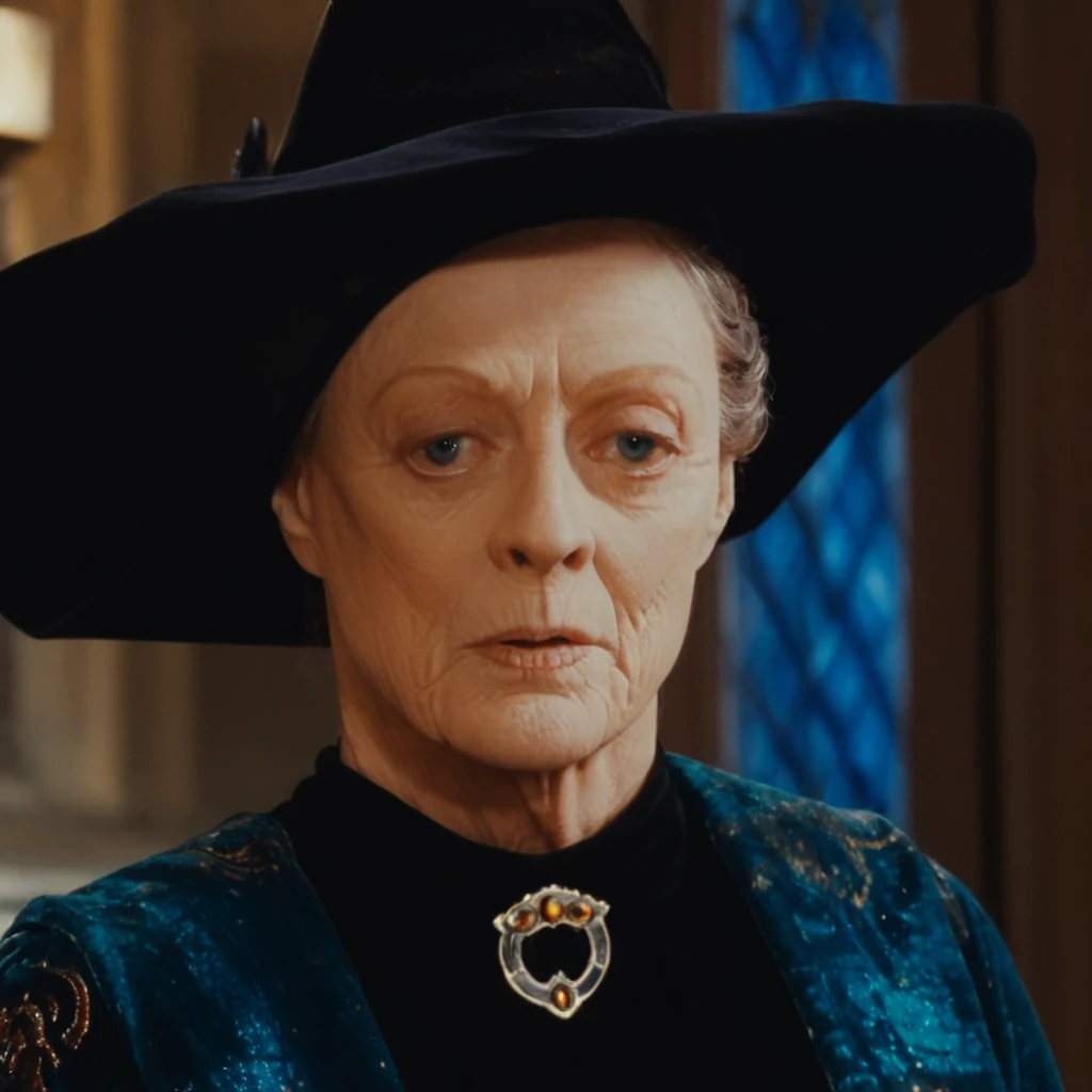 Minerva McGonagall, portrait, solo, single person, 1girl, modern 4K movie screencap, UHD 8K, Maggie Smith, Nike hoodie, oversized hoodie, cinematic angle, volumetric lighting, abstract photorealistic ink image in red, black and blue, oriental woman at a masquerade ball, jewelled earrings, necklaces, sequinned robes, wearing an elaborate masquerade dress, directional lighting illuminating her from one side, witch hat, bright sunny exterior,