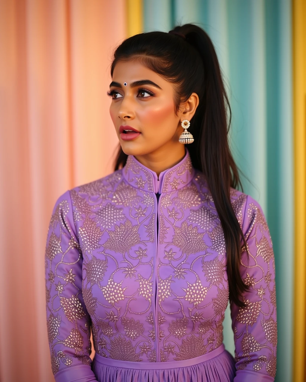 cowboy shot photo of Pooja Hegde woman,candid photo with natural colors, shouting expression on face,studio quality, wearing intricate elegant turtleneck Purple Anarkali Suit, high ponytail, pastel shaded multicolored background, cinematic soft lighting<lora:TestBed\Pooja_Hegde_Flux_Kohya_V1-000005.safetensors:1.0:1.0>