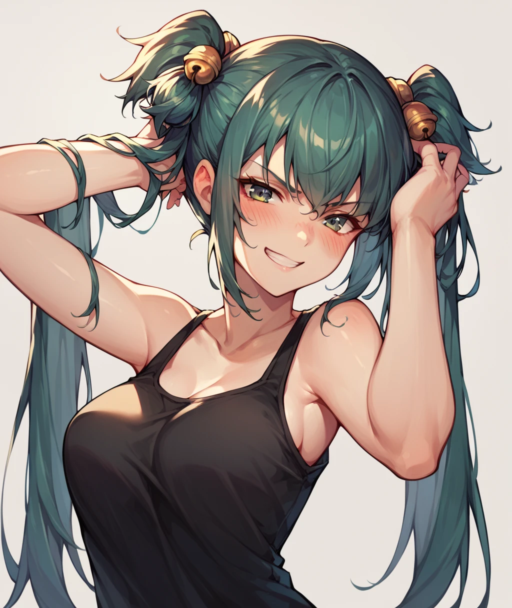 score_9, score_8_up, score_7_up, BREAK, 1girl, solo, 2d, Cui, twin tails, hair bells, breasts, blush, smirk, grin, hands in hair, black tank top