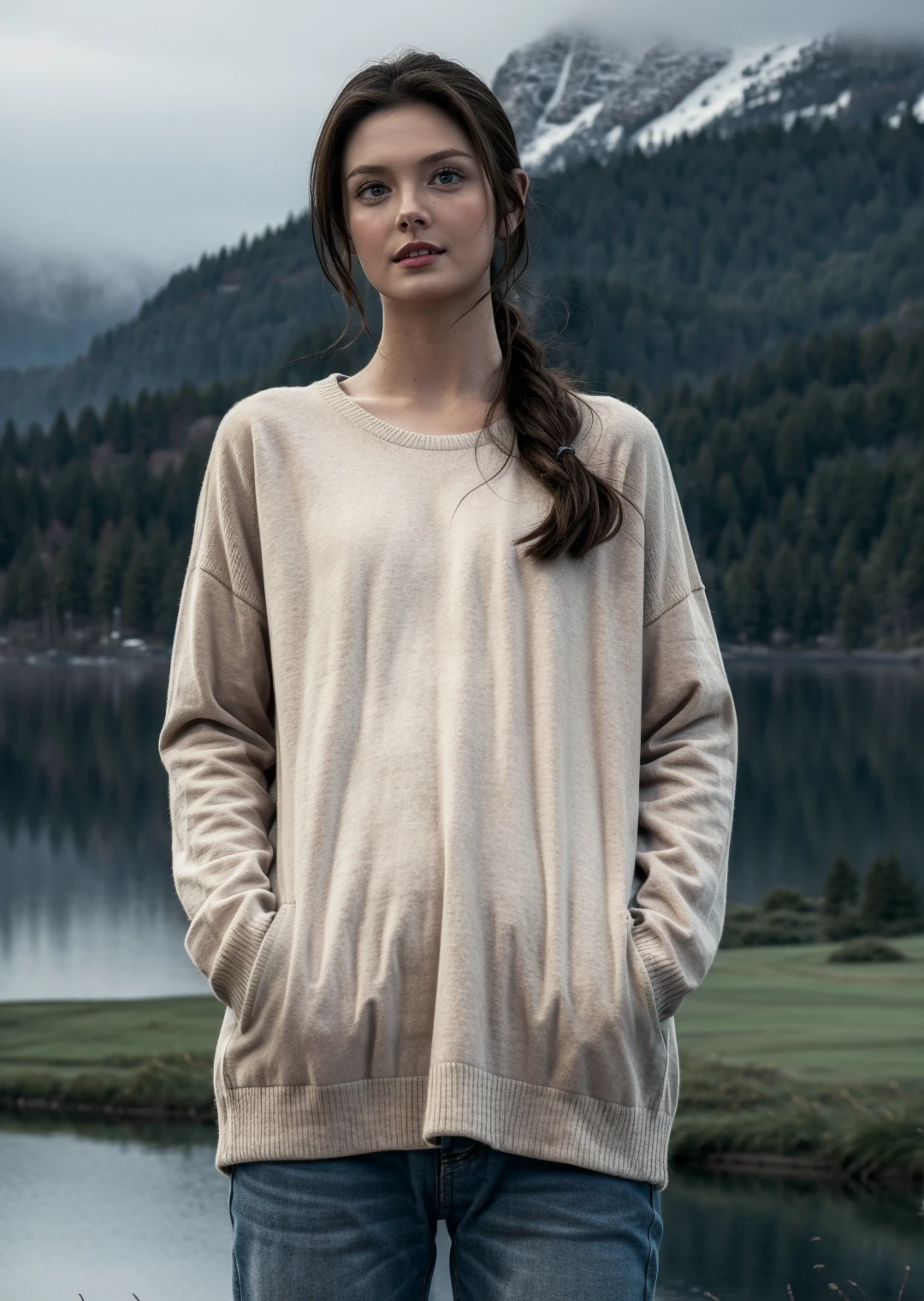 female,solo,sweater,hands in pockets,overcast sky,nature,grass,lake,frozen lake,foreshortening,((realistic)),Highly detailed,(ultra-detailed),(best quality,masterpiece:1.5),<lora:dark:0.9>,