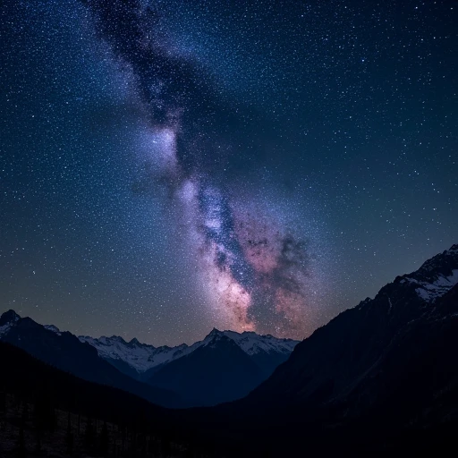 star-studded canvas., dense Milky Way galaxy stretching diagonally across the upper part of the frame, This photograph captures a breathtaking night sky over a mountain range, star-filled landscape. The image features a vast, gas, likely due to atmospheric conditions or light pollution., creating a dense