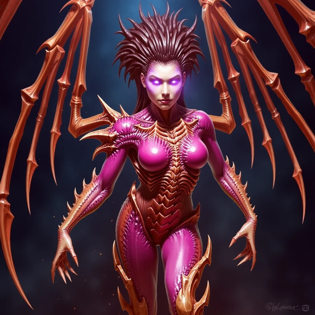 The image is a highly detailed, scifi artwork in a dark fantasy style. The central figure is a humanoid, demonic creature with an ethereal, otherworldly appearance. It has a muscular, athletic female body with a radiant, glowing skin that shifts between shades of pink, red, and gold, giving it a luminescent, almost fiery quality.,