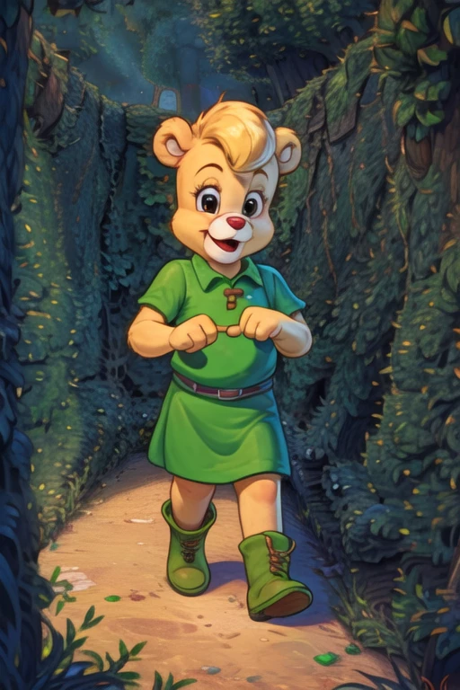 <lora:H3DG3M4Z3:1> :H3DG3M4Z3, hedge maze, sunni_gummi, gummi_bears, bear, green clothing, dress, boots, belt, <lora:Sunni_Gummi:0.6>, uploaded on e621, (detailed background, depth of field), (intricate:1.1), (high detail:1.2), (soft focus), (masterpiece, best quality, 4k, 2k, shaded, absurd res), (by joe randel:1.2), by CyanCapsule,