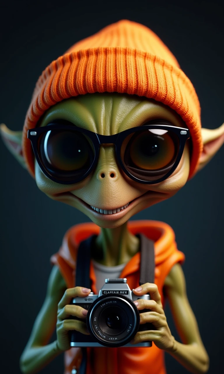 professional 3d model candid photo of a (strict alien:1.25),grin, a extraterrestrial character hybrid, orange beanie, sunglasses, grasping a camera
 <lora:Alienator-NT:0.5> . octane render, highly detailed, volumetric, dramatic lighting