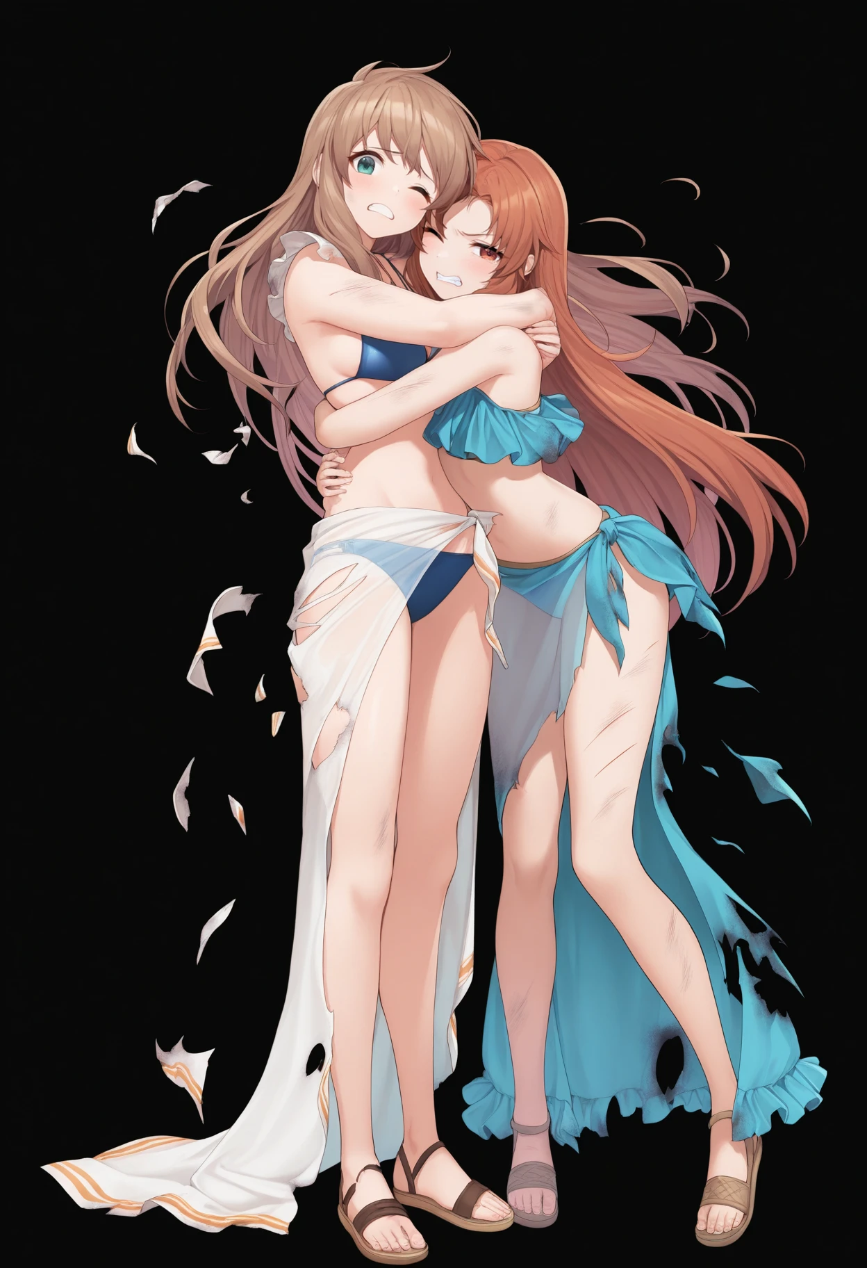 masterpiece, best quality, 2girls, standing, <lora:feh-style-richy-v1_ixl:1> fehdmg, full body, black background, torn clothes, bikini, see-through, sarong, frills, hug, looking at viewer, one eye closed, grimace,