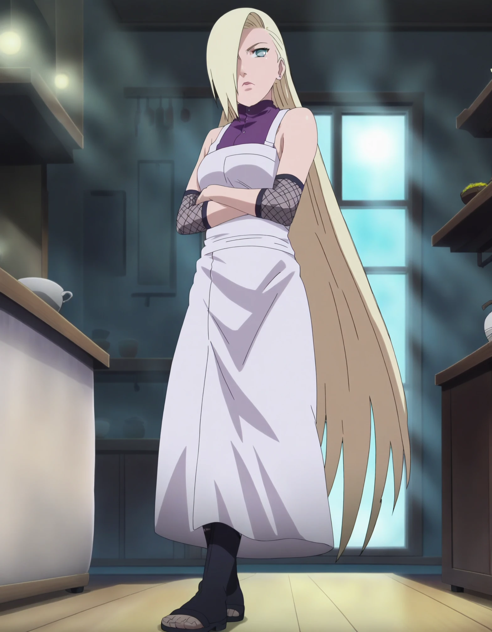 score_9, score_8_up, score_7_up, score_6_up, score_5_up, score_4_up, 
source anime, intricate details, anime screencap, official style, woman, ino yamanaka, 25 y.o., blank period, chef uniform, white apron, long hair, blonde hair, angry, mouth open, toeless footwear, mesh arm warmers, crossed arms, walking, looking at viewer, from below, full body, cowboy shot, dramatic lighting, indoors, kitchen, bokeh effect, in style of Masashi Kishimoto (anime coloring, anime screencap, Naruto anime style), <lora:add-detail-xl:1>, <lora:ino_yamanaka_pony_rc2-000006:1>,