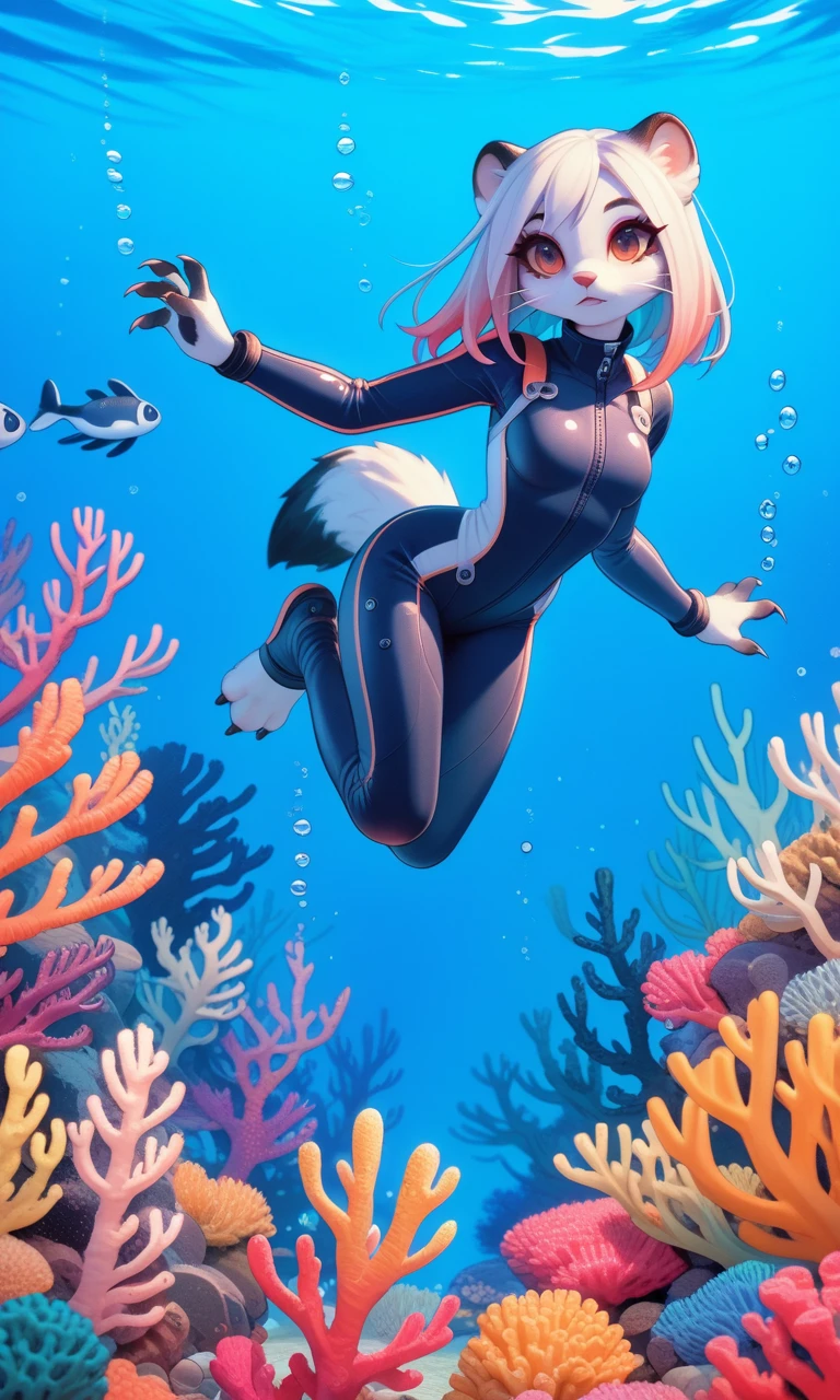 score_9, score_8_up, score_7_up, UWWT1, round ears, body fur, gradient hair, eyeliner, small claws, radiant eyes, diving suit, coral, underwater