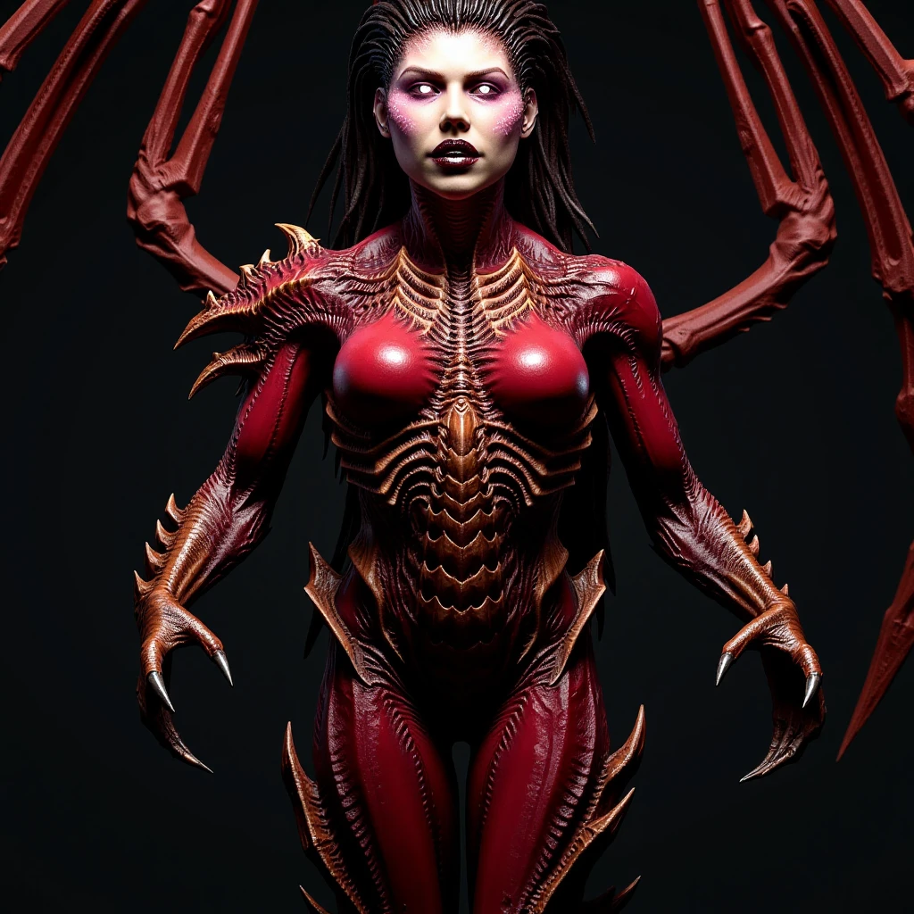 This is a highly detailed, photography in a scifi art style, depicting a powerful, demonic-looking woman with a monstrous appearance. She has a muscular, athletic build and a menacing, almost demonic face with sharp, angular features, including sharp teeth and glowing, red eyes. Her skin is a deep, dark red, almost black, with intricate, reptilian scales covering her body, giving her a scaly texture.,