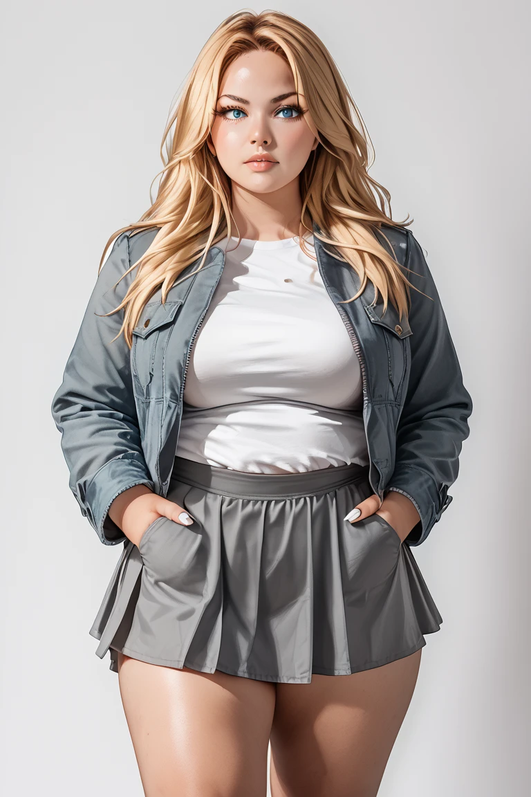 score_9, score_8_up, score_7_up, highest quality, extremely detailed, 4k, 8k, amazing quality, curvy, 
(crvy3grls, 1girl, plump, cowboy shot, blonde hair, blue eyes, breasts, gradient background, grey background, grey skirt, hands in pockets, jacket, large breasts, long hair, looking at viewer, miniskirt, realistic, solo, standing, thick thighs, thighs, white nails, white shirt:1.1), plump, clothes lift, 
<lora:add-detail-xl:1.5> anime,
<lora:WackyArt-crvy3grls_V3:1> crvy3grls