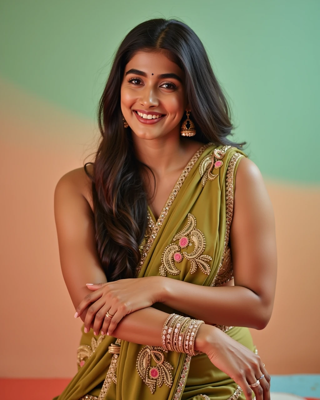 cowboy shot photo of Pooja Hegde woman,candid photo with natural colors, grinning expression on face,studio quality, wearing intricate elegant sleeveless Olive Sharara Suit, straight hair, pastel shaded multicolored background, cinematic soft lighting<lora:TestBed\Pooja_Hegde_Flux_Kohya_V1-000005.safetensors:1.0:1.0>