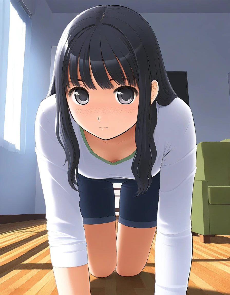 masterpiece, best quality, good quality, <lora:Tsutsumi_Kinuka_IS:0.9>  Tsutsumi_Kinuka, bangs, long hair, black hair, black eyes, 1girl, solo, looking at viewer, black eyes, bangs, blue half pants, white sleeve, room, flooring,
crawl on all foursã