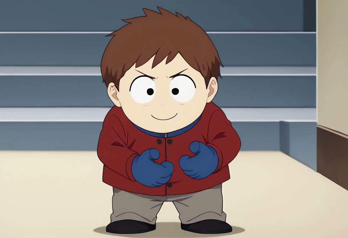 score_9, score_8_up, score_7_up BREAK ClydeSP, 1boy, short brown hair, black eyes, long-sleeved buttoned red shirt, blue collar, gray pants, black shoes, blue mittens, screenshot, official art, parody, anime footage, official design, screencap, anime screenshot, official screenshot, 2d, anime, source_anime, full body, solo, solo focus, smiling, relaxed,