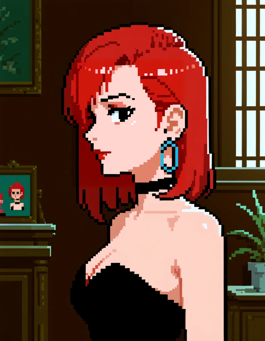 <lora:PonyXL - Razor - Maniac Mansion - 1990 - Epoch 8:0.65>, pixelart, MM_Razor, 1girl, red hair, swept bangs, straight hair, strapless dress, razored hair, medium hair, asymmetrical hair, black eyes, breasts, cleavage, punk, jewelry, single hoop earring, makeup, red lipstick, black choker, black dress, slit dress, bare shoulders, shoulders, neck, face, indoors, looking at viewer, facing forward, close up, portrait, face focus, profile picture,, source_cartoon, score_9, score_8_up, score_7_up, score_6_up, score_5_up, score_4_up,