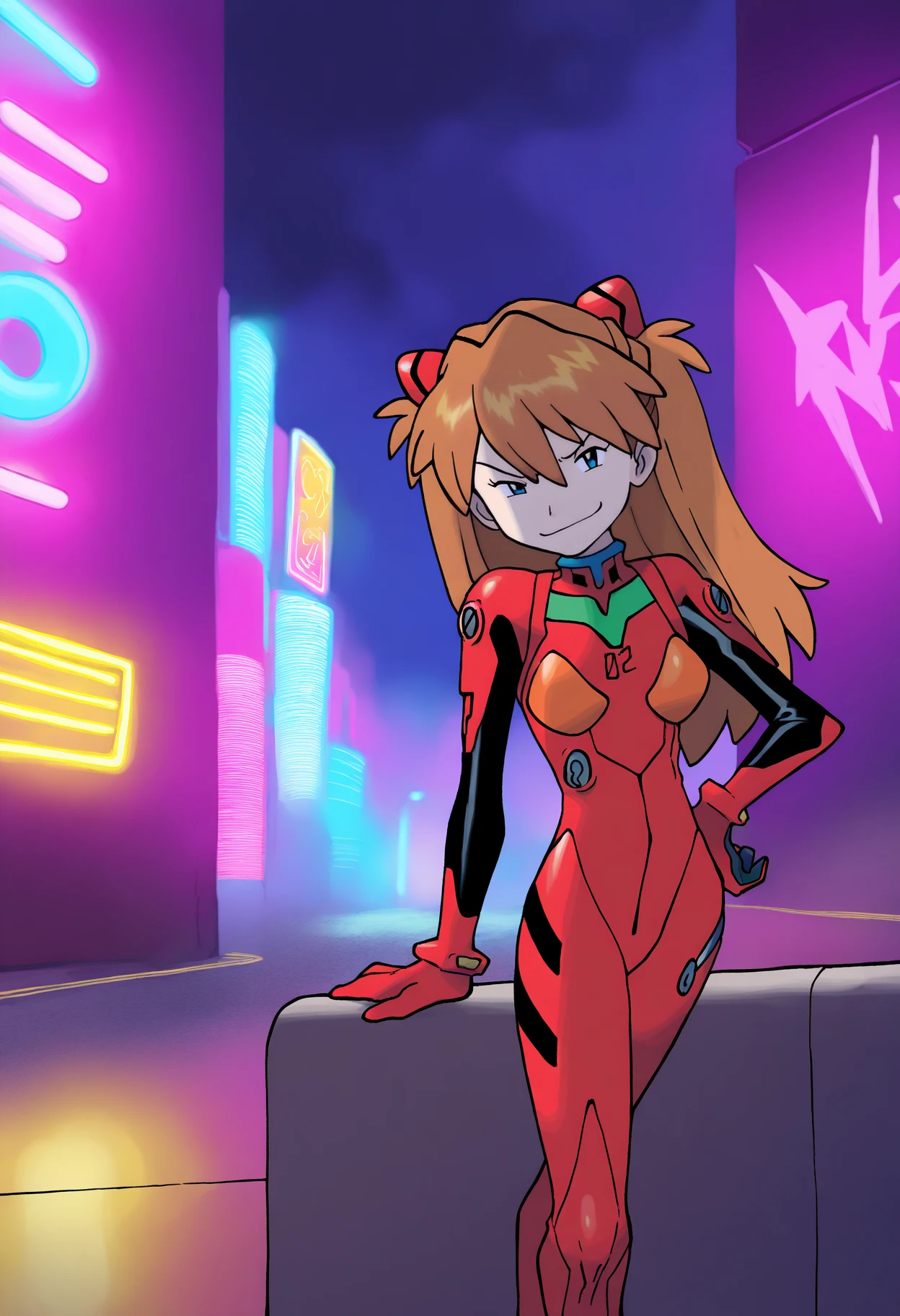 sugimori ken,
best quality, amazing quality, very aesthetic, absurdres,
1girl, asuka langley, red plugsuit, standing, smug, looking at viewer, futuristic background, neon light , buildings, night <lora:KenSugimoriIllustriousLocon_byKonan:1>