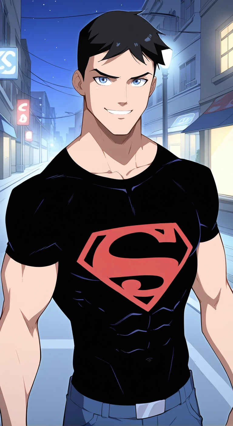 1boy,solo,male focus,superboy young justice,black hair,blue eyes,muscular,black shirt,pants,night,street,smile,flat color