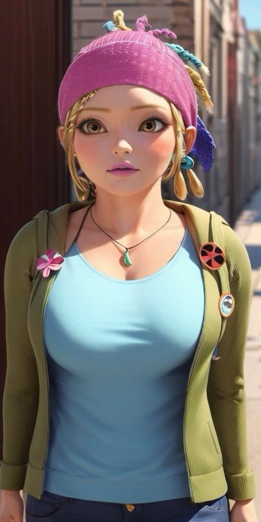 Hyperrealistic, photorealistic, super detailed, pink bandana, brilliant azure T-shirt, green jacket with a hood, pale magenta lipstick, honey blonde hair styled into colored dreadlocks, pale magenta lipstick, body like in real life, large pores, fair skin, quite short, chubby, beautiful arms, little breasts, unreal engine, octane render, droped shadow, bokeh, cinematic lighting, <lora:add_detail:0.5>, <lora:Volumetric_lighting:0.6>, Mylène Haprèle, , <lora:0a2937d1-de1c-498e-97f5-aa181e43b8bc:0.7>