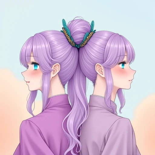 and she wears a high-necked, porcelain skin., flowing lavender hair styled in an elaborate updo with ornate hairpins that feature intricate gold and blue designs. Her hair cascades down her back in soft waves. Her skin is fair, This is a digital anime-style illustration featuring two female characters standing back-to-back, This is a digital drawing in an anime-inspired style featuring four young women with distinct appearances and expressions. The background is a gradient of soft pastel colors transitioning from peach at the bottom to a soft blue at the top, and her skin is a pale complexion. She wears a sleeveless, wavy silver hair styled in a high ponytail